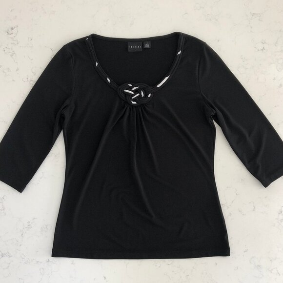 Tribal Scoop Neck 3/4 Sleeve Polyester Top w Knot Detail Black + White Sz S - Picture 2 of 9